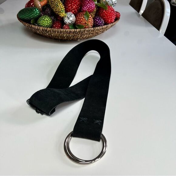 Killer Vintage 1970s Black Oversized Suede Leather Whipstitch Silver Ring Belt